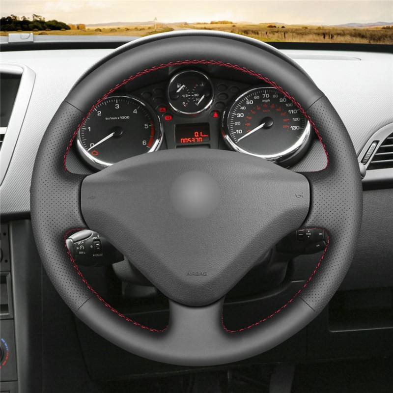 Loncky Car Custom Fit OEM Black Genuine Leather Steering Wheel Cover for Peugeot 207 Expert